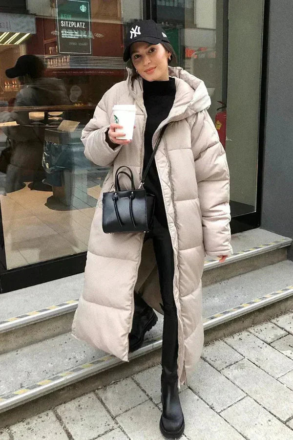 Drune | Puffer-Jacke Gesteppter Oversized-Schnitt Vollständig Länge Kapuze Hoher Kragen Warm Tragen