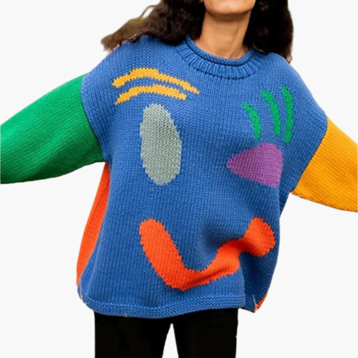 Drune | Strickpullover im Künstlerstil - Gemütlicher Freizeit Jumper mit abstraktem Gesichtsmuster