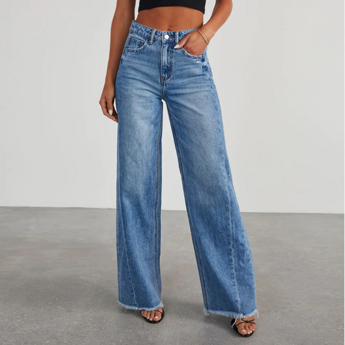 Drune | Jeans Hohe Taille Weite Beine Ausgefranster Saum Lässige Passform Denim