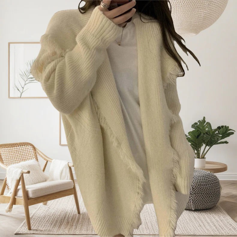 Drune | Strickjacke Gestricktes Material Übergröße Passform Fransen Kanten Offene Vorderseite