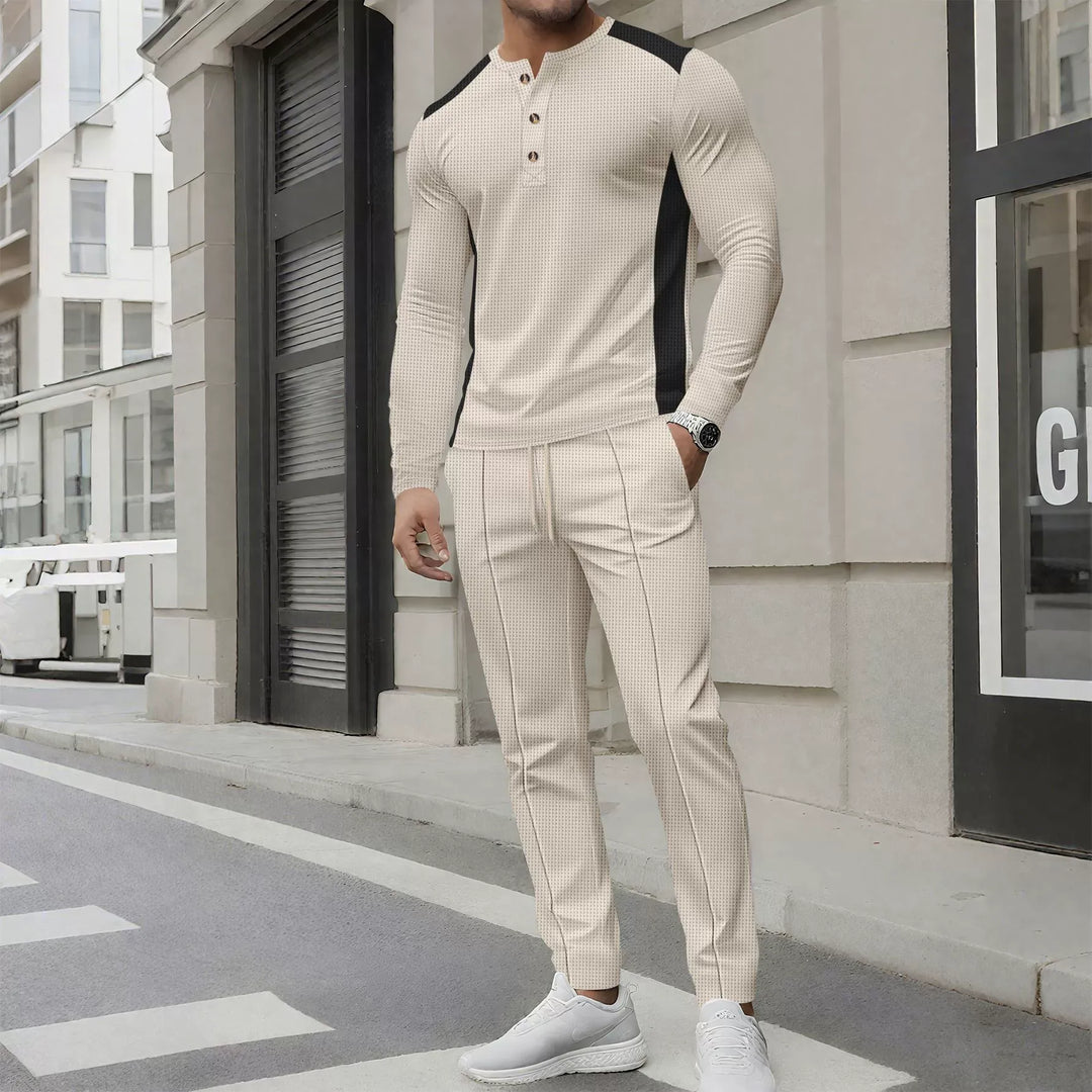 Drune | Satz mit Henley Sweater und Hose Slim Passform Waffelstruktur Knopfkragen
