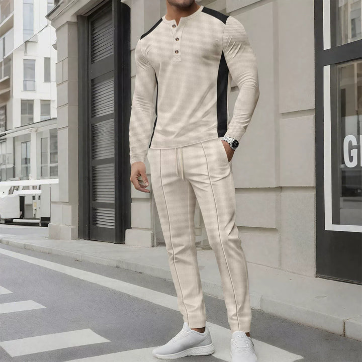 Drune | Satz mit Henley Sweater und Hose Slim Passform Waffelstruktur Knopfkragen