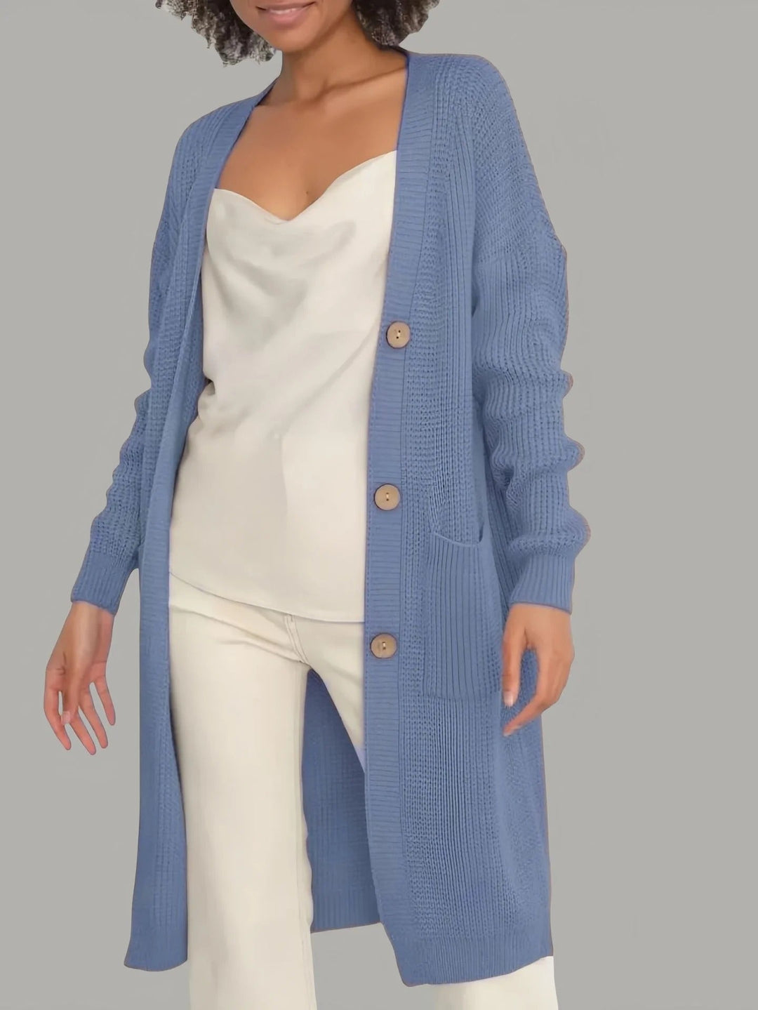 Drune | Lange Strickjacke Weiches Strick Lockerer Schnitt Knöpfe mit Taschen