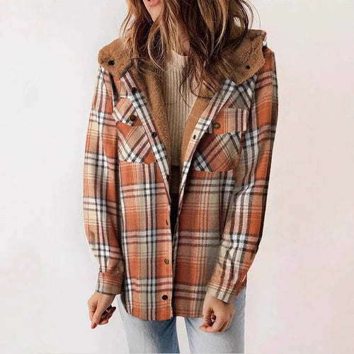 Drune | Shirt Karierte Fleece-Futter Entspannte Passform Kapuze Knopf Vorderseite