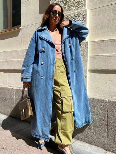 Drune | Trenchcoat Oversized Fit Denimstruktur Vollständig Länge Knopf Vorderseite