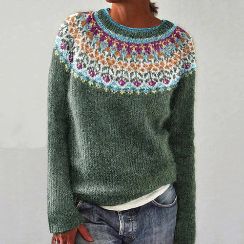 Drune | Sweater - Wollstrick - Lockere Passform - Garten Yoke Muster - Rundhals - Lange Ärmel