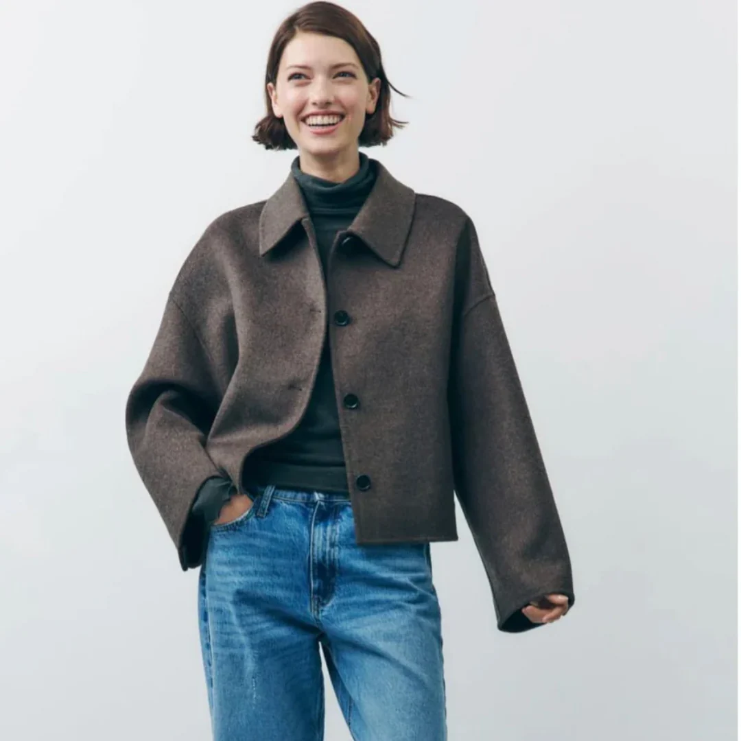 Drune | Cropped Wollmischung Jacke Minimalistische Knopf Down Oberbekleidung