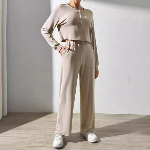 Drune | Loungewear Satz Weicher Strick Kurzer Pullover mit Knöpfen Weite Hose