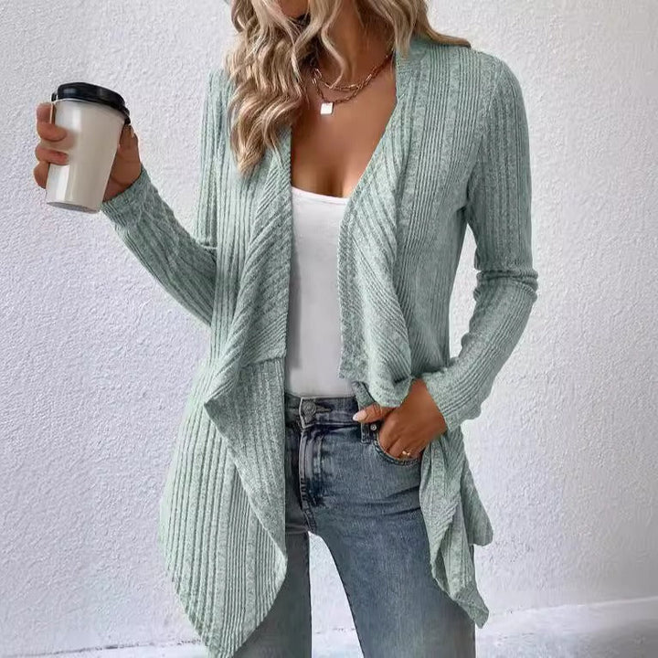 Drune | Strickjacke Wollmischung Relaxed Passform Rippstrick Offene Drapierte Vorderseite
