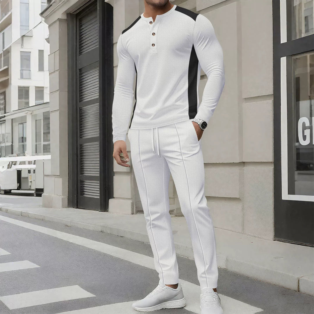 Drune | Satz mit Henley Sweater und Hose Slim Passform Waffelstruktur Knopfkragen