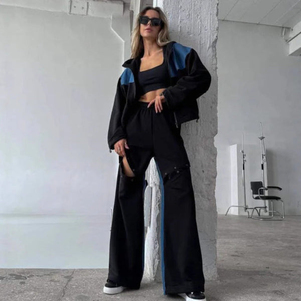 Drune | Set Lounge Kleid Kurzer Kapuzenpullover mit Reißverschluss Weite Baumwollhose