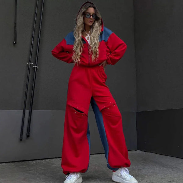 Drune | Set Lounge Kleid Kurzer Kapuzenpullover mit Reißverschluss Weite Baumwollhose
