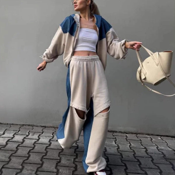 Drune | Set Lounge Kleid Kurzer Kapuzenpullover mit Reißverschluss Weite Baumwollhose