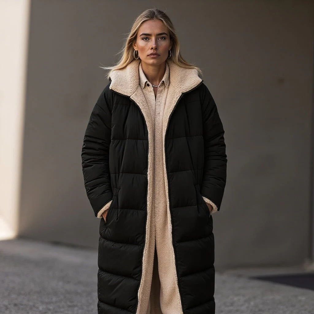 Drune | Langer Gepolsterter Mantel Lockere Passform Fleece Kragen Verborgene Verschluss
