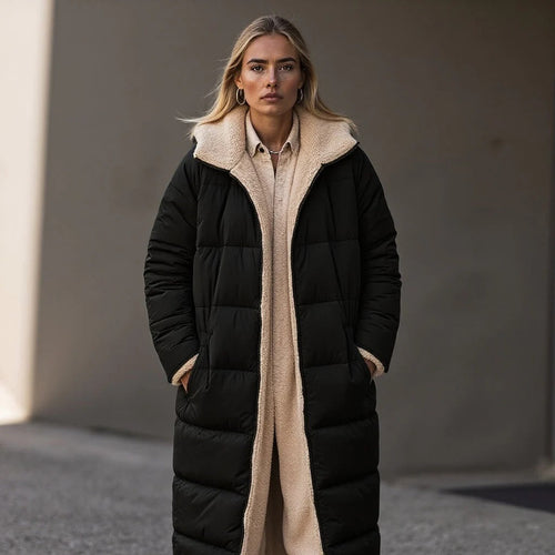 Drune | Langer Gepolsterter Mantel Lockere Passform Fleece Kragen Verborgene Verschluss