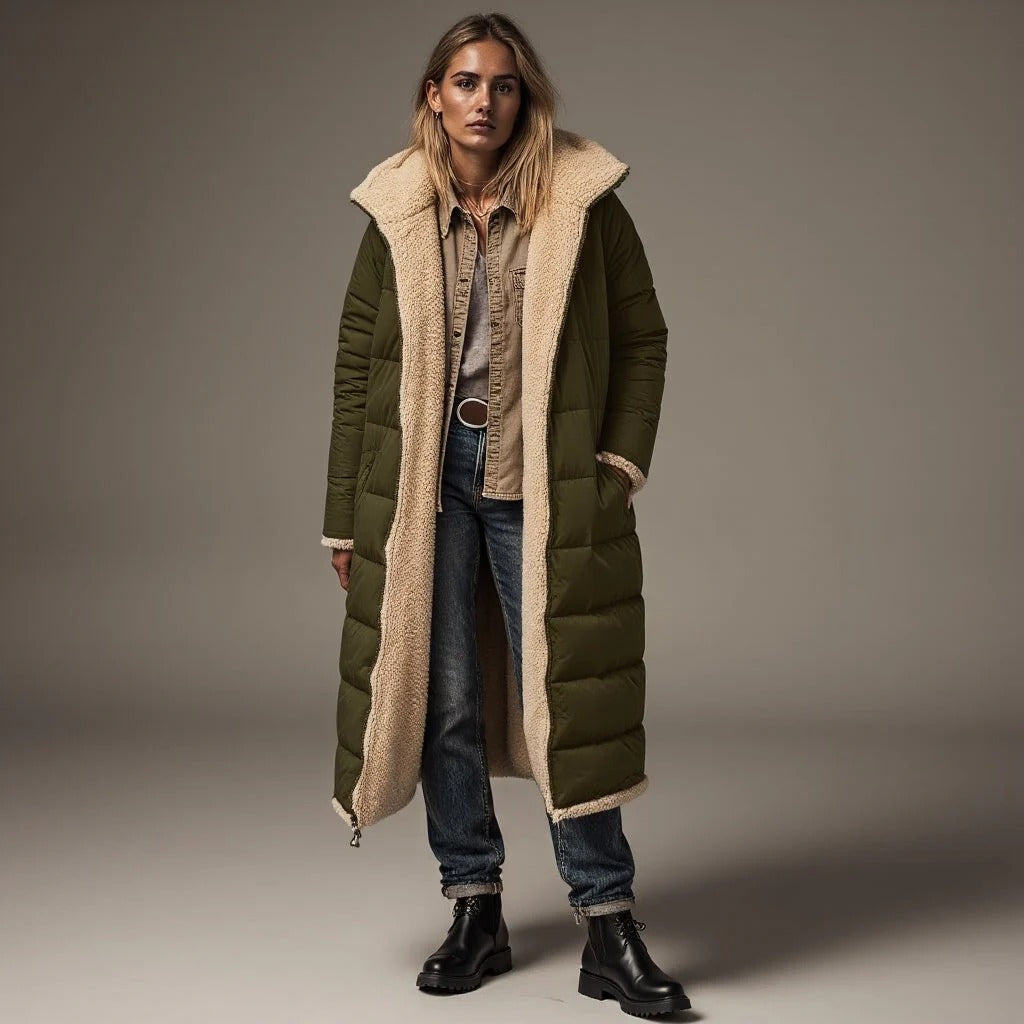 Drune | Langer Gepolsterter Mantel Lockere Passform Fleece Kragen Verborgene Verschluss