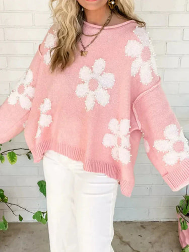 Drune | Pullover Sweatshirt - Oversized Fit - Strickwollmischung - Bead Blumen Detail