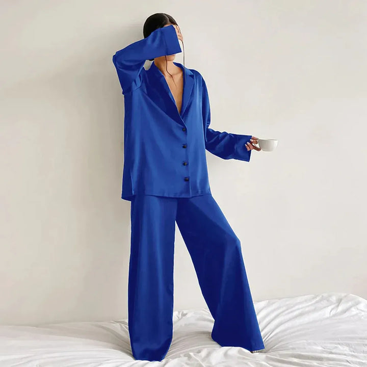 Drune | Schlafanzug Set Satin Lockerer Schnitt Shirtoberteil Weite Hose
