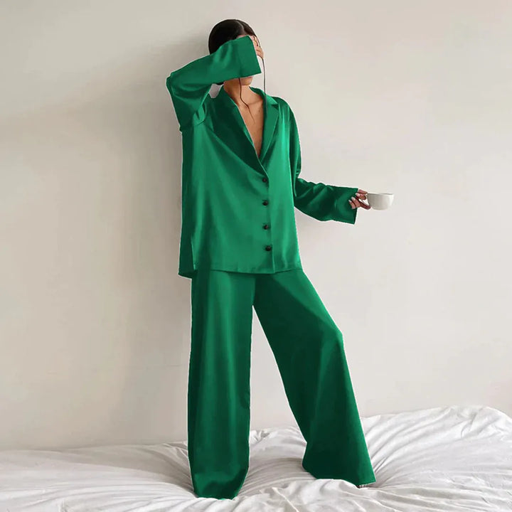 Drune | Schlafanzug Set Satin Lockerer Schnitt Shirtoberteil Weite Hose