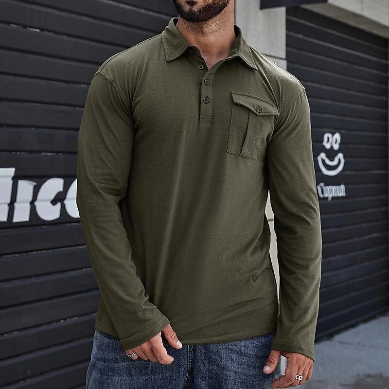 Drune | Henley Pique Shirt Slim Fit Lange Ärmel Baumwolle Brusttasche Stehkragen