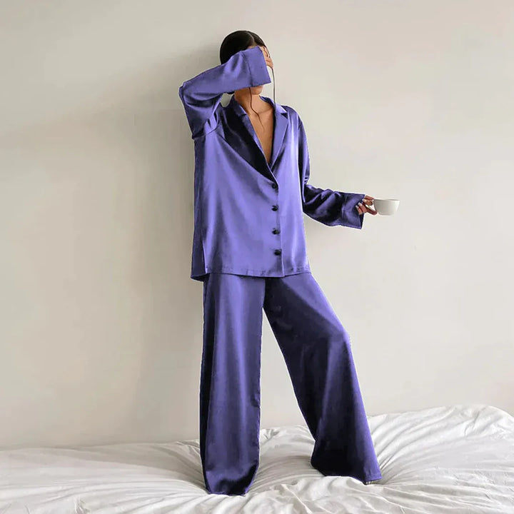 Drune | Schlafanzug Set Satin Lockerer Schnitt Shirtoberteil Weite Hose
