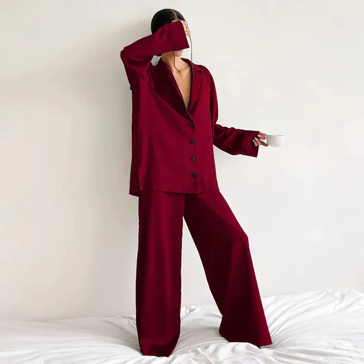 Drune | Schlafanzug Set Satin Lockerer Schnitt Shirtoberteil Weite Hose