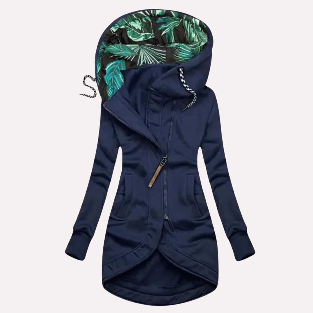 Drune | Fleecejacke Slim Fit Langer Stil Kapuze mit Print Asymmetrischer Reißverschluss