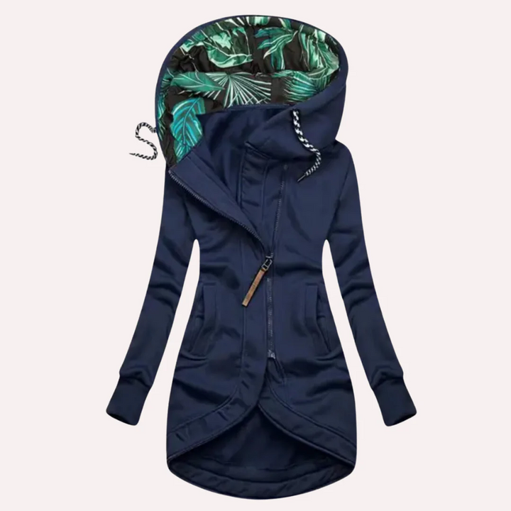 Drune | Fleecejacke Slim Fit Langer Stil Kapuze mit Print Asymmetrischer Reißverschluss