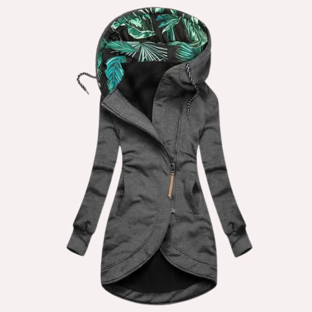 Drune | Fleecejacke Slim Fit Langer Stil Kapuze mit Print Asymmetrischer Reißverschluss