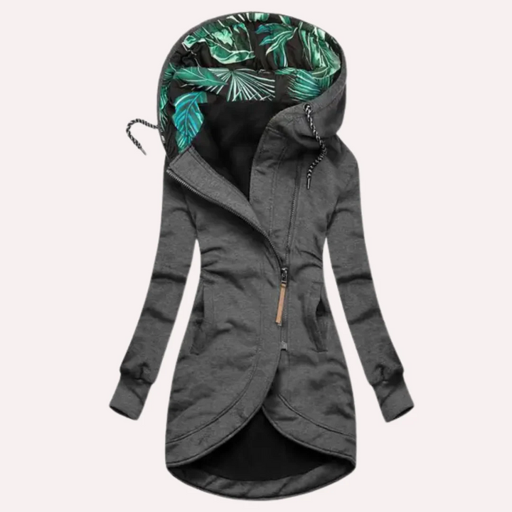 Drune | Fleecejacke Slim Fit Langer Stil Kapuze mit Print Asymmetrischer Reißverschluss