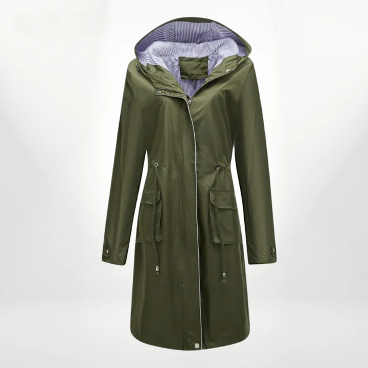Drune | Trenchcoat Slim Fit Kordelzug Kapuze knielang wasserdichtes Material