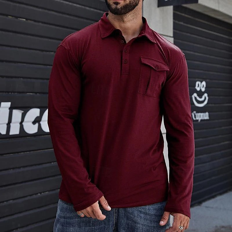 Drune | Henley Pique Shirt Slim Fit Lange Ärmel Baumwolle Brusttasche Stehkragen