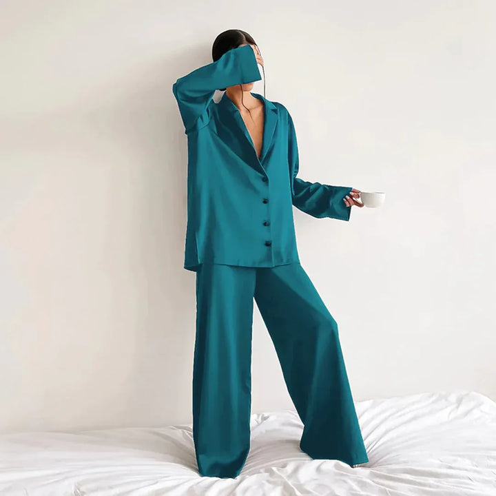 Drune | Schlafanzug Set Satin Lockerer Schnitt Shirtoberteil Weite Hose
