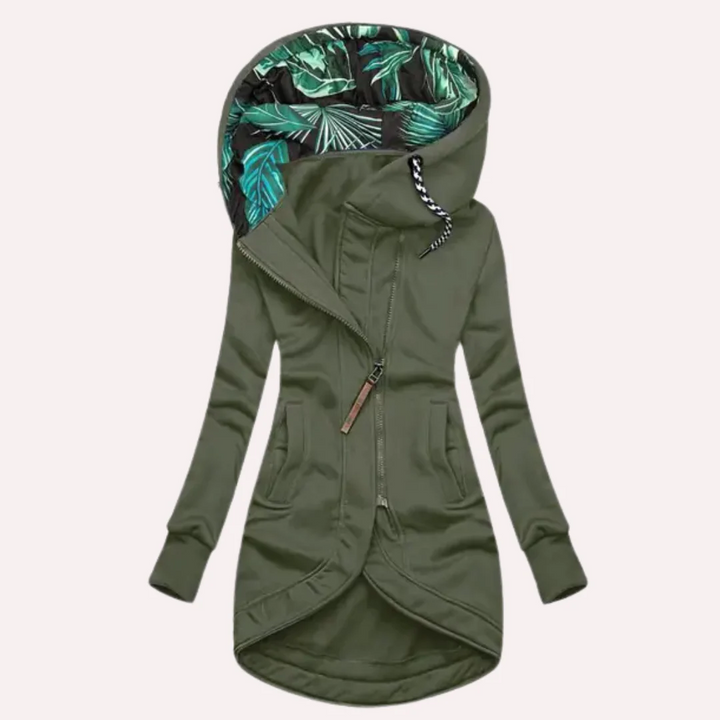 Drune | Fleecejacke Slim Fit Langer Stil Kapuze mit Print Asymmetrischer Reißverschluss