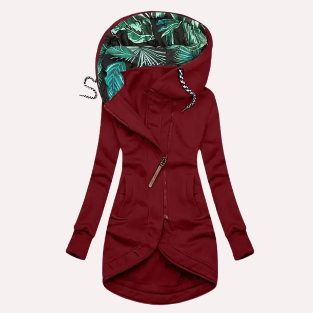 Drune | Fleecejacke Slim Fit Langer Stil Kapuze mit Print Asymmetrischer Reißverschluss