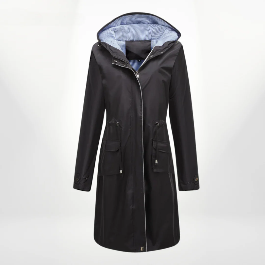 Drune | Trenchcoat Slim Fit Kordelzug Kapuze knielang wasserdichtes Material