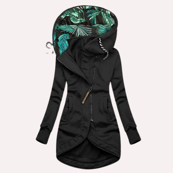 Drune | Fleecejacke Slim Fit Langer Stil Kapuze mit Print Asymmetrischer Reißverschluss
