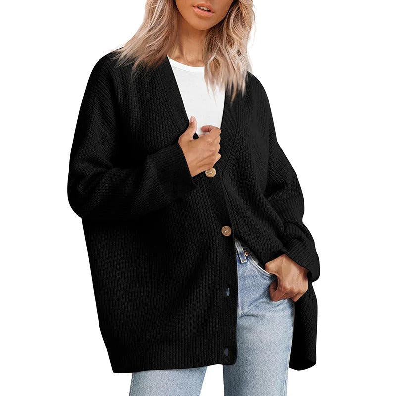 Drune | Strickjacke Übergröße Passform Gestrickte Rippstruktur Knopf V-Ausschnitt