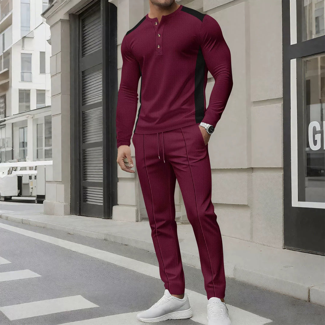 Drune | Satz mit Henley Sweater und Hose Slim Passform Waffelstruktur Knopfkragen