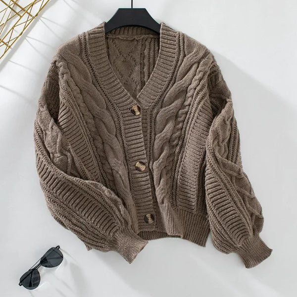 Drune | Strickjacke Pullover Wolle Strick V-Ausschnitt Kabelstrick Knöpfe Vorne Lässige Passform