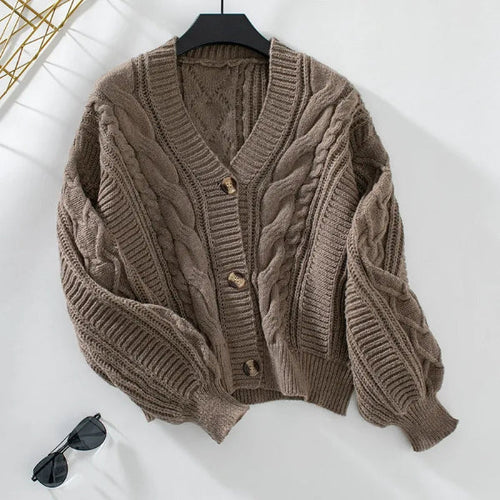 Drune | Strickjacke Pullover Wolle Strick V-Ausschnitt Kabelstrick Knöpfe Vorne Lässige Passform