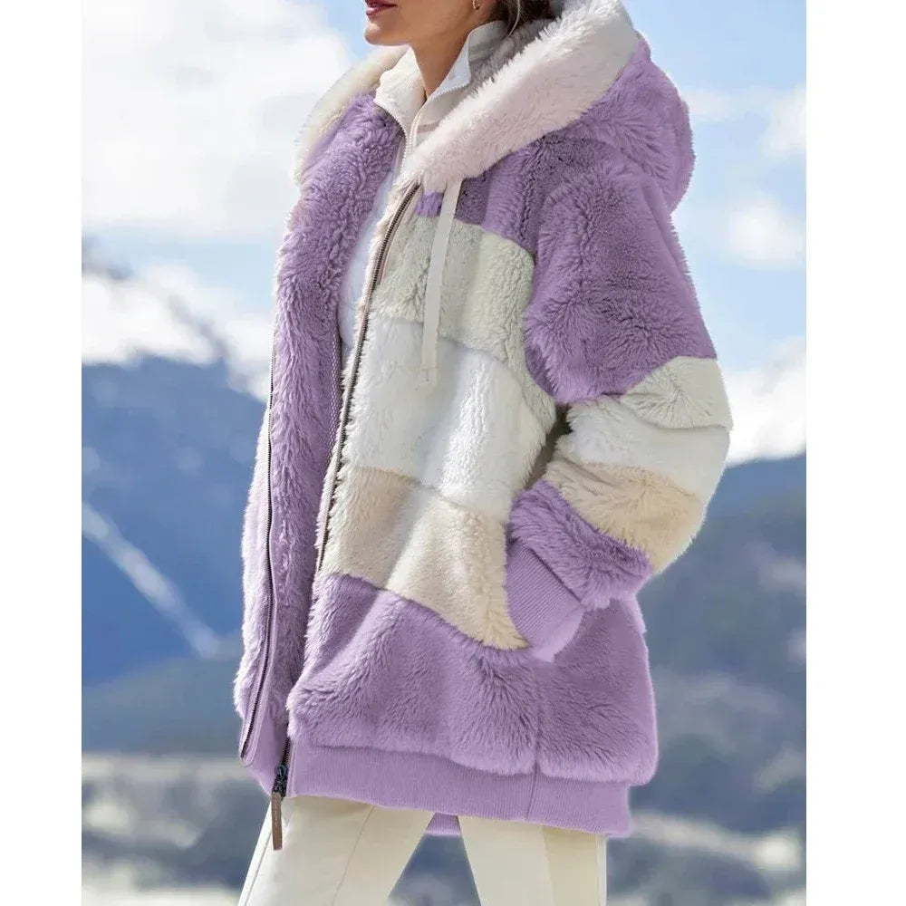 Drune | Damen Fleecejacke – Oversized Fit – Plüsch Teddy Textur – Kapuze mit Reißverschluss