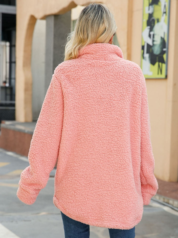 Drune | Shacket Übergröße Sherpa Fleece Langschnitt Knopf Vorderseite Patch Taschen