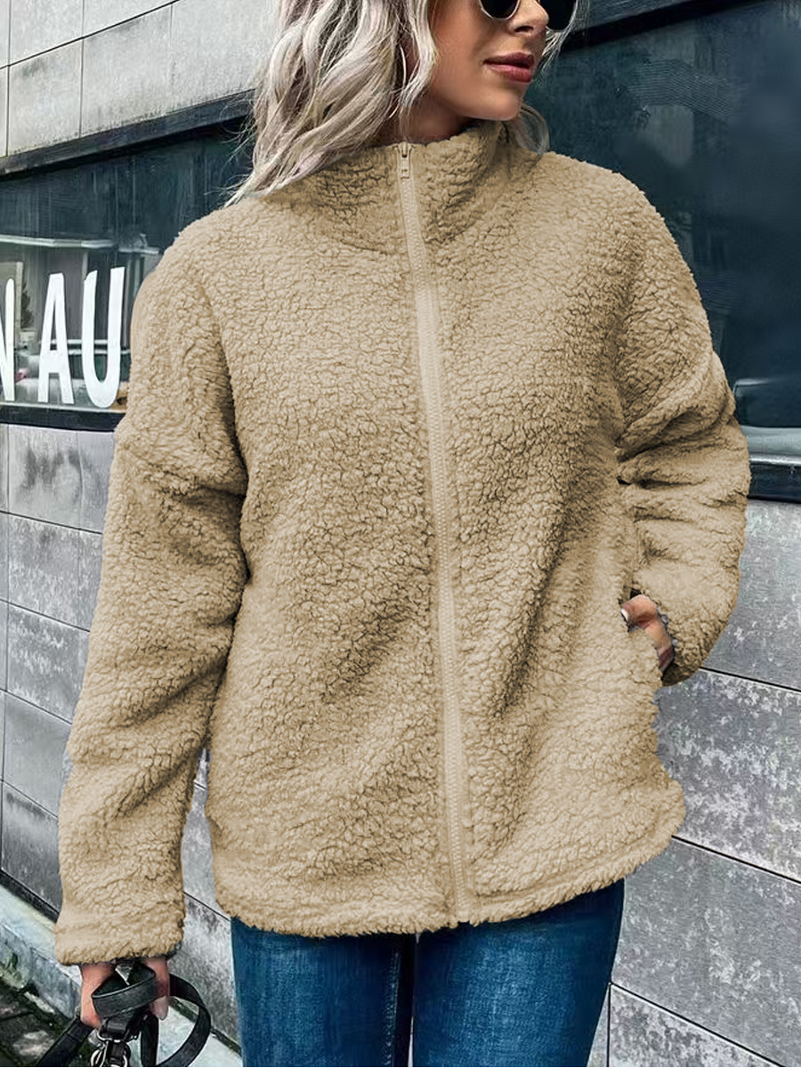 Drune | Damen Fleece Mantel – Oversized Schnitt – Wollmischung – Stehkragen – Reißverschluss vorne