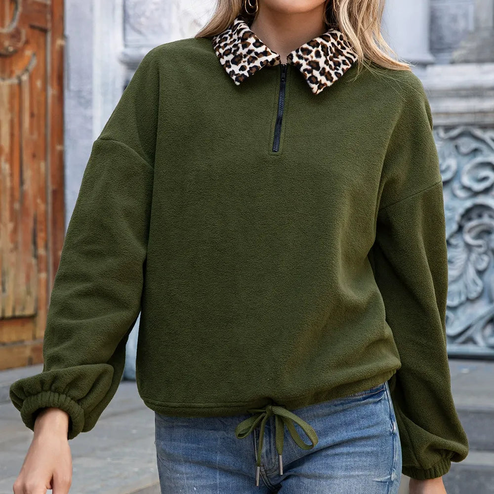 Drune | Pullover Sweatshirt Fleece Lockere Passform Kunstfellkragen Reißverschluss Hals Kordelzugsaum
