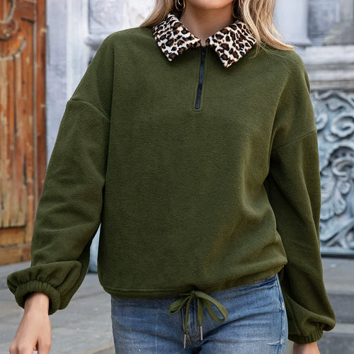 Drune | Pullover Sweatshirt Fleece Lockere Passform Kunstfellkragen Reißverschluss Hals Kordelzugsaum