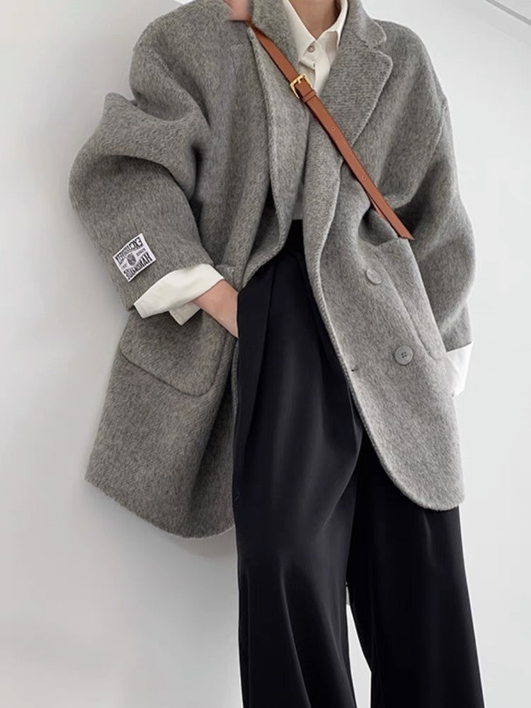 Drune | Damen Wollmantel – Oversized Passform – Doppelreiher – Voller Länge – Umgeschlagener Kragen