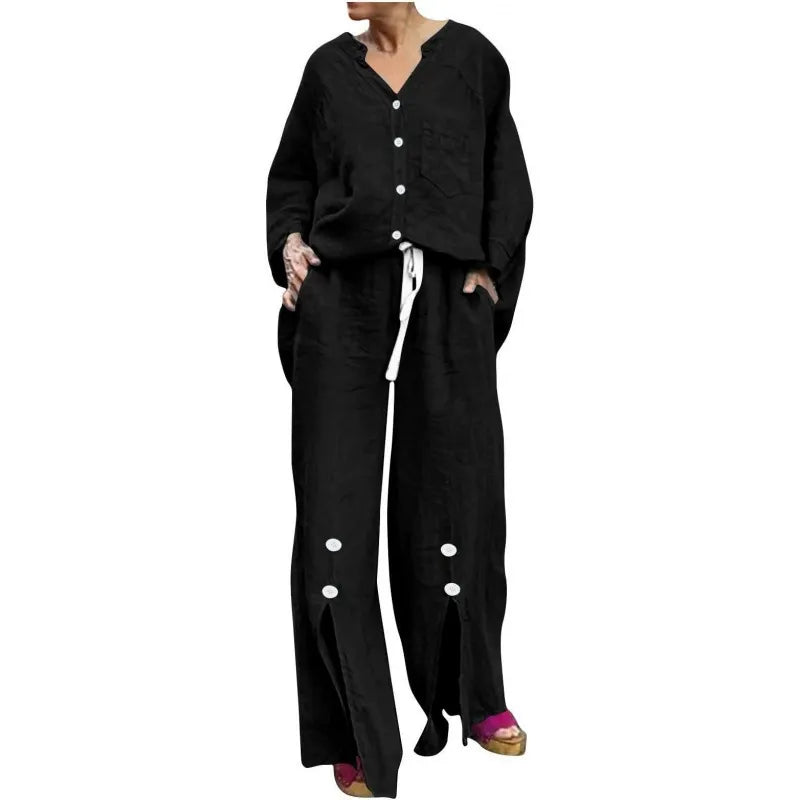 Drune | Satz mit Strickjacke und Weiten Hosen Lockerer Schnitt V-Ausschnitt Weicher Baumwollmix