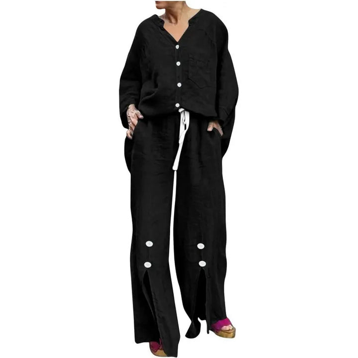 Drune | Satz mit Strickjacke und Weiten Hosen Lockerer Schnitt V-Ausschnitt Weicher Baumwollmix