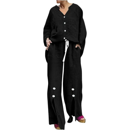 Drune | Satz mit Strickjacke und Weiten Hosen Lockerer Schnitt V-Ausschnitt Weicher Baumwollmix